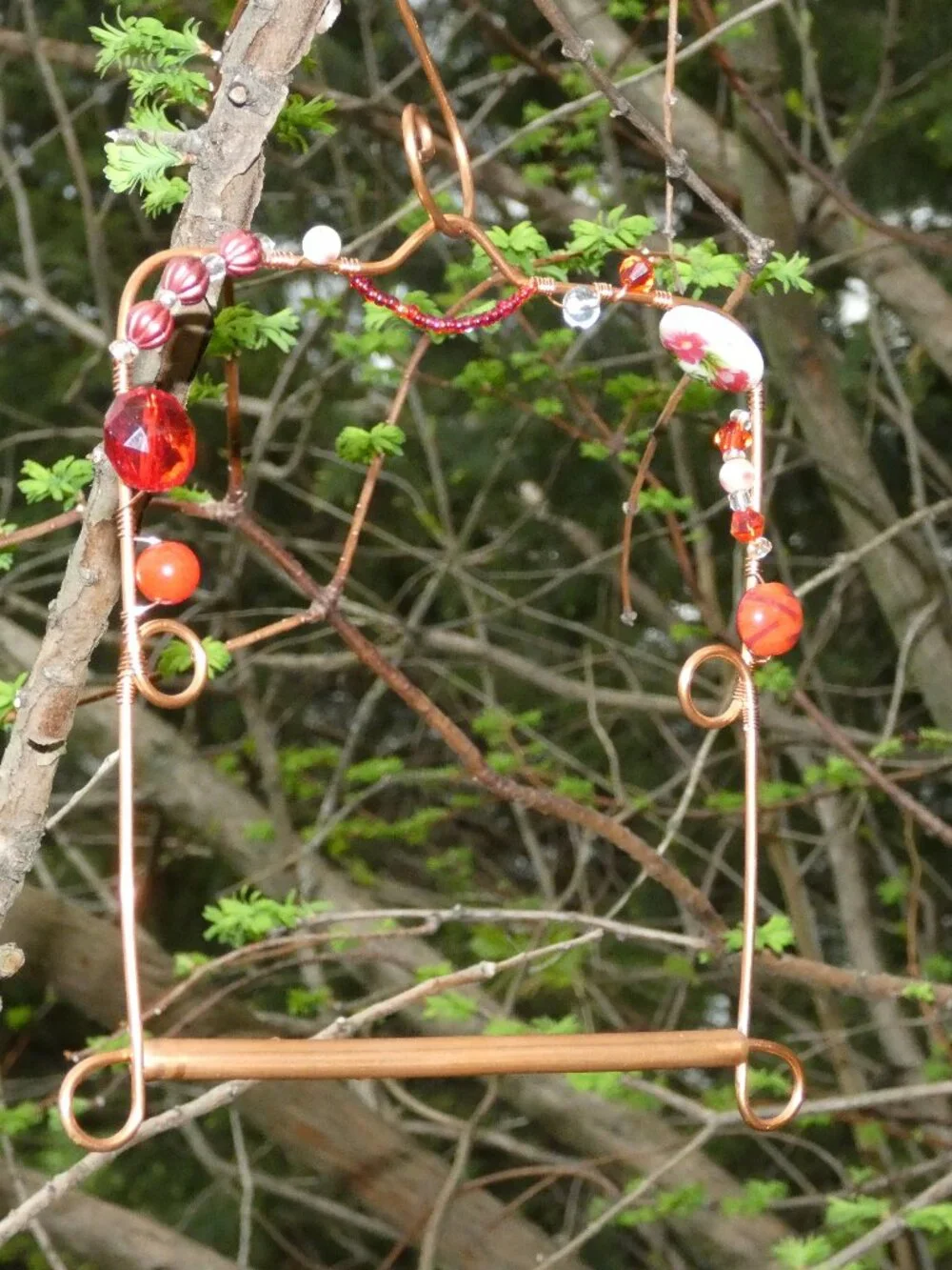 Copper Hummingbird Perch Swing with Detachable Copper Hook Red Beads